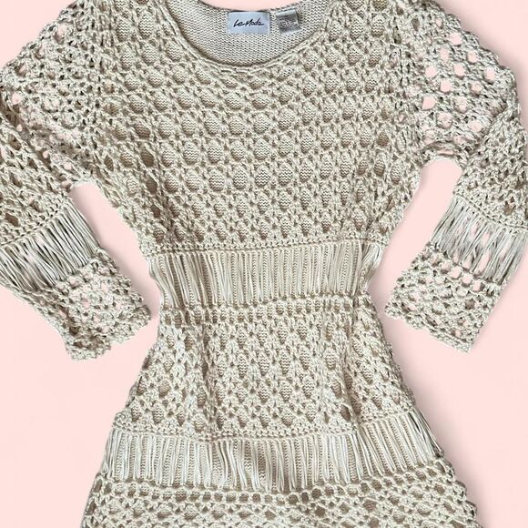 Unique See- Through Boho Cream Crochet Knit Cover-Up. M. - Picture 4 of 8